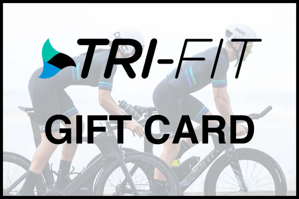 Black logo and wording reading 'GIFT CARD', background of man and woman in tri suits