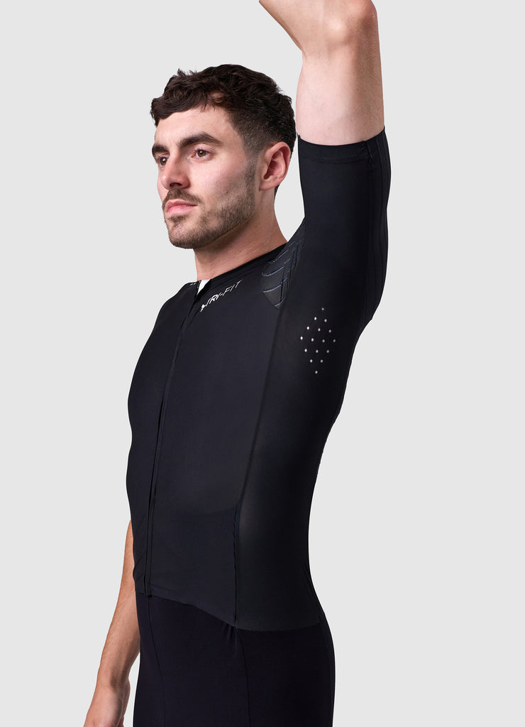 Close-up of single side panel with laser cut ventilation on the white/black VORTEX triathlon suit