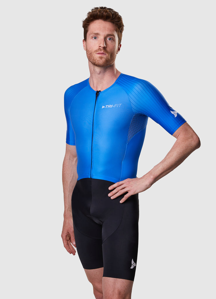 Man wearing a TRI-FIT EVO NEXT GEN BLUE triathlon suit on a white background with