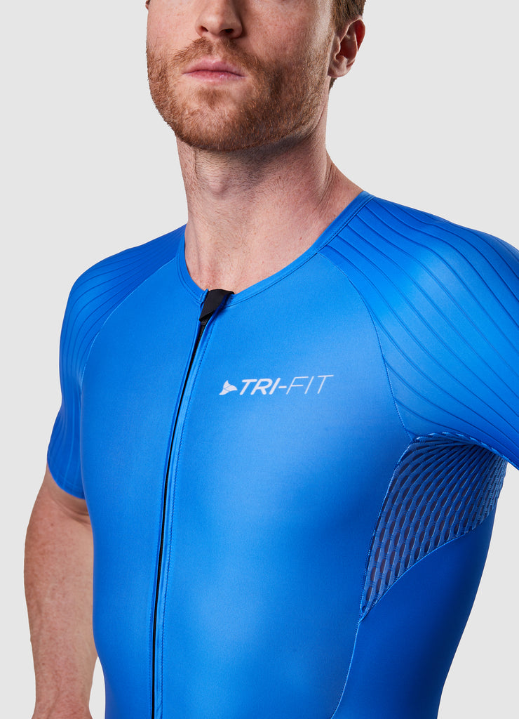 Man wearing a TRI-FIT EVO NEXT GEN BLUE triathlon suit on a white background with