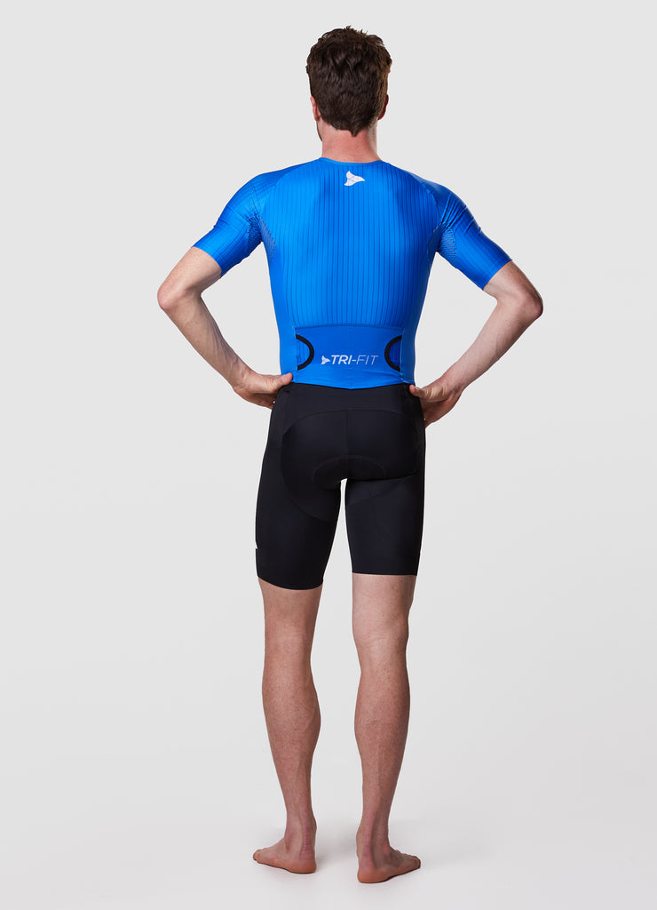 Man wearing a TRI-FIT EVO NEXT GEN BLUE triathlon suit on a white background with