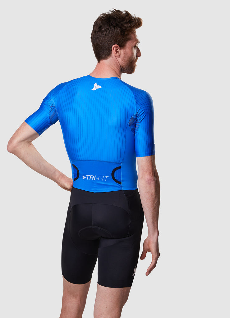 Man wearing a TRI-FIT EVO NEXT GEN BLUE triathlon suit on a white background with