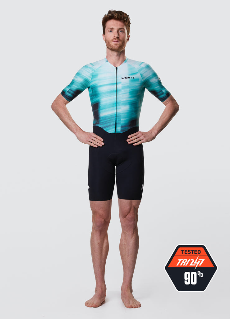 Man wearing a TRI-FIT GEO MATRIX Triathlon Suit with a white background