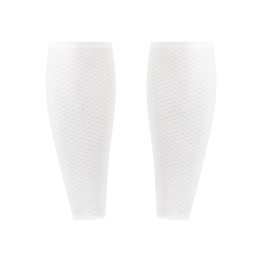 Front view of TRI-FIT CORE Calf Sleeves in white, showing tapered shape and premium dimpled fabric.