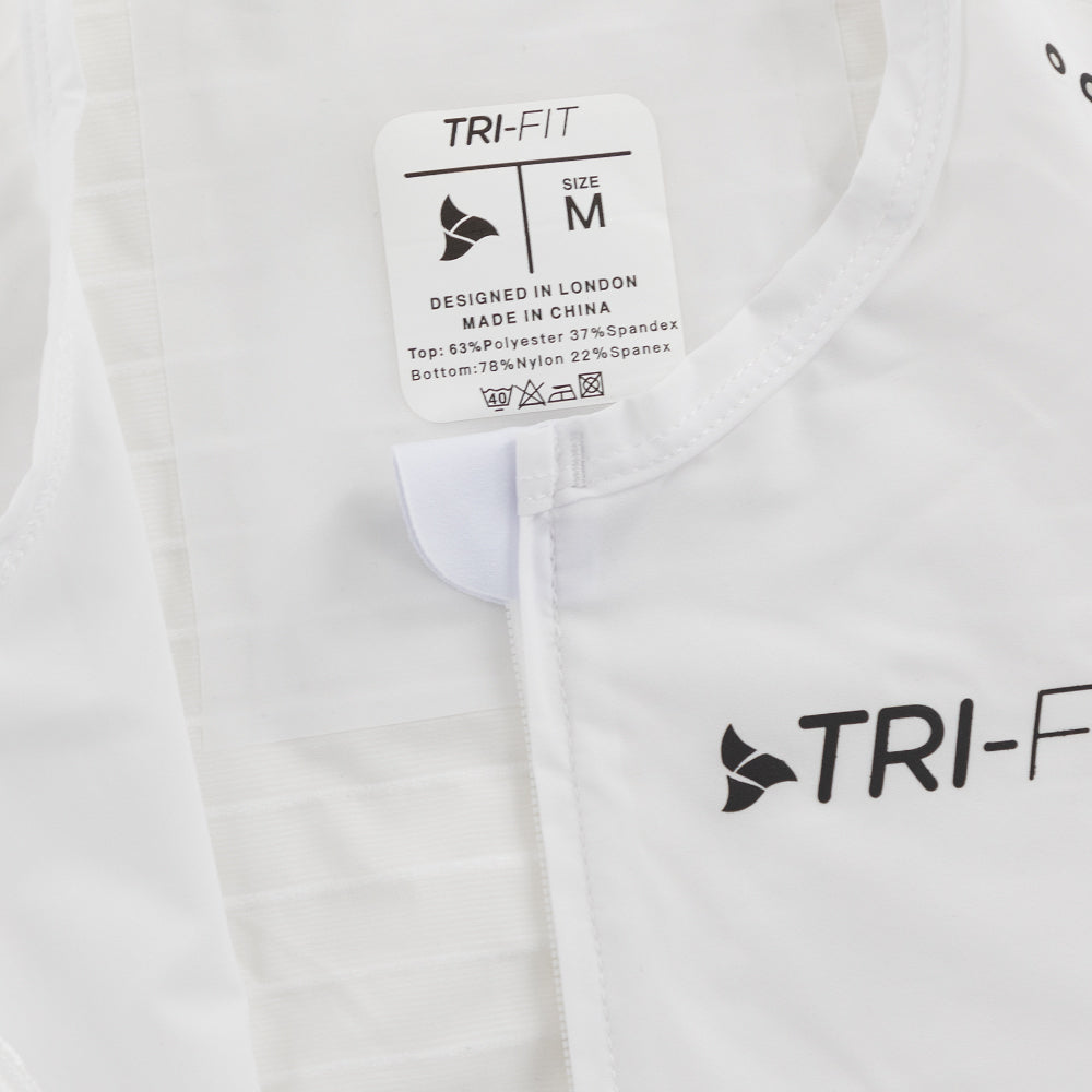 TRI-FIT VORTEX Tri-Suit Black & White edition – front zipper and inside label detail