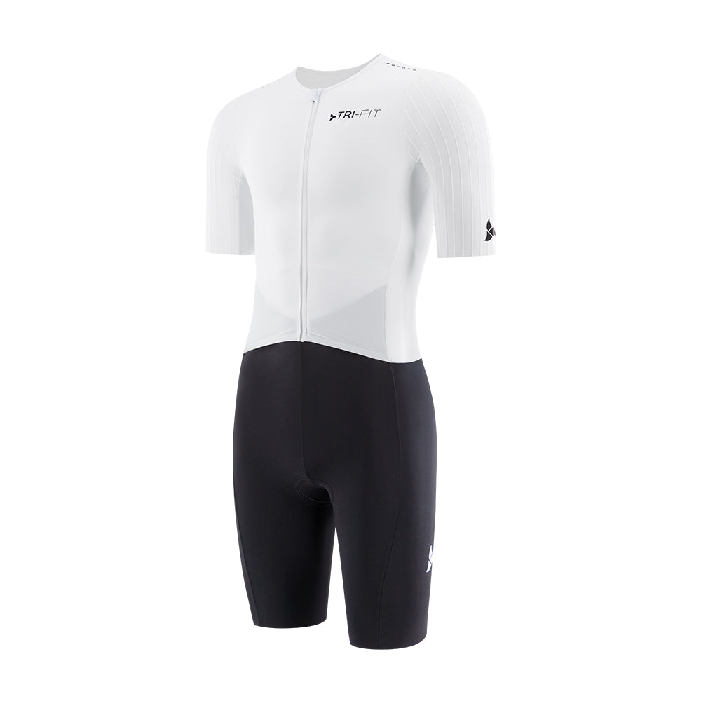 Side view of the men's white/black VORTEX triathlon suit showcasing aero sleeves and race cut