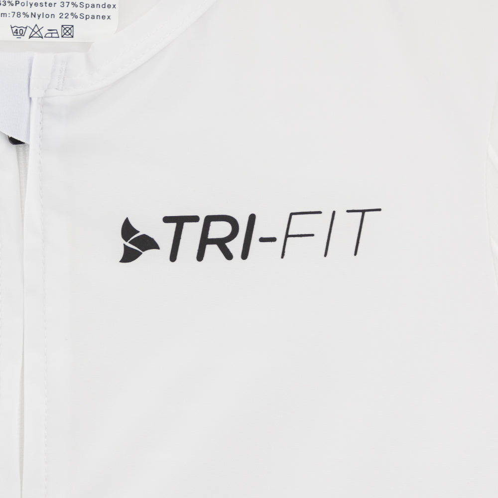 TRI-FIT VORTEX Tri-Suit Black & White edition – chest logo detail on front panel