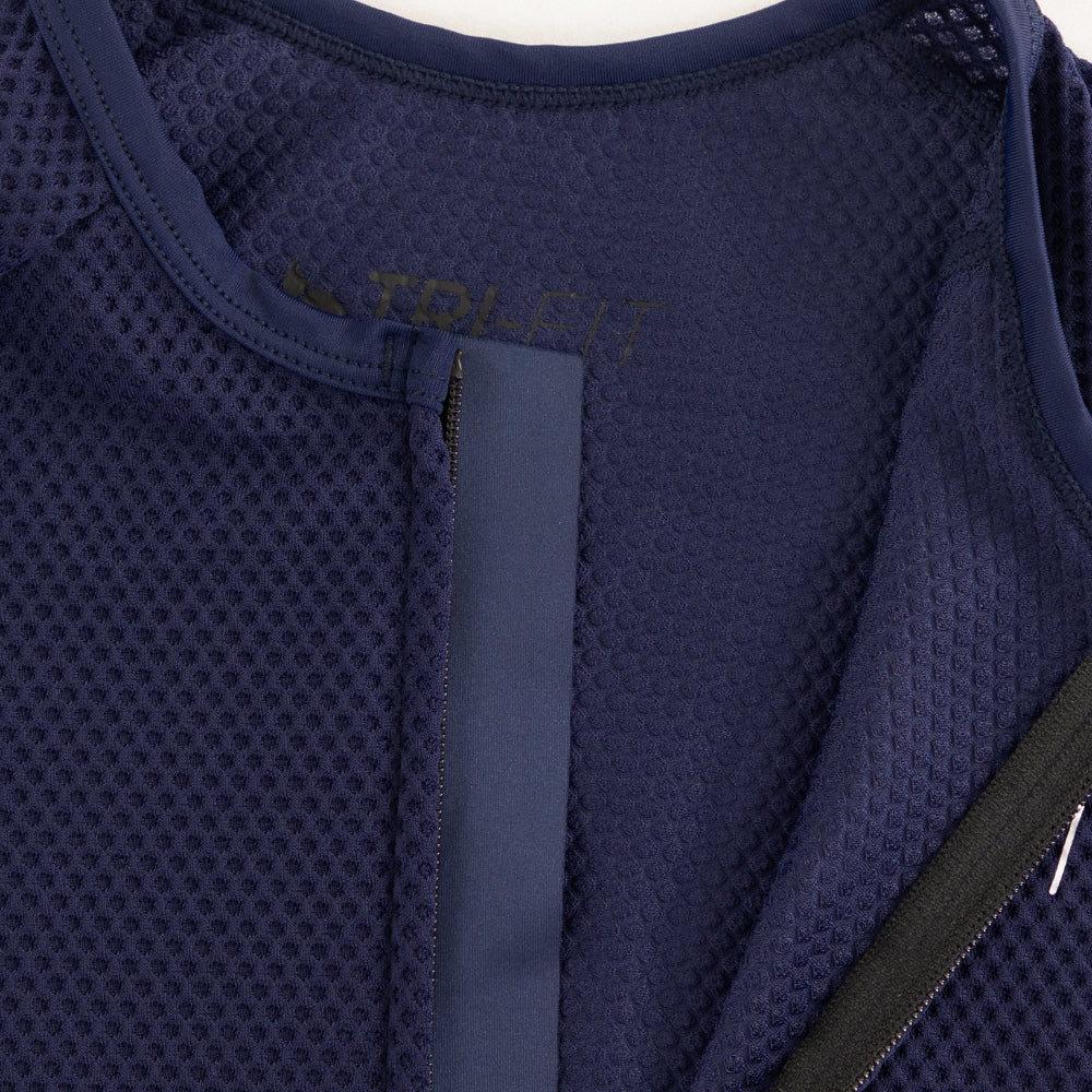 Close-up of internal neckline construction on men’s VANGUARD tri-suit in navy, showing breathable mesh and clean finish