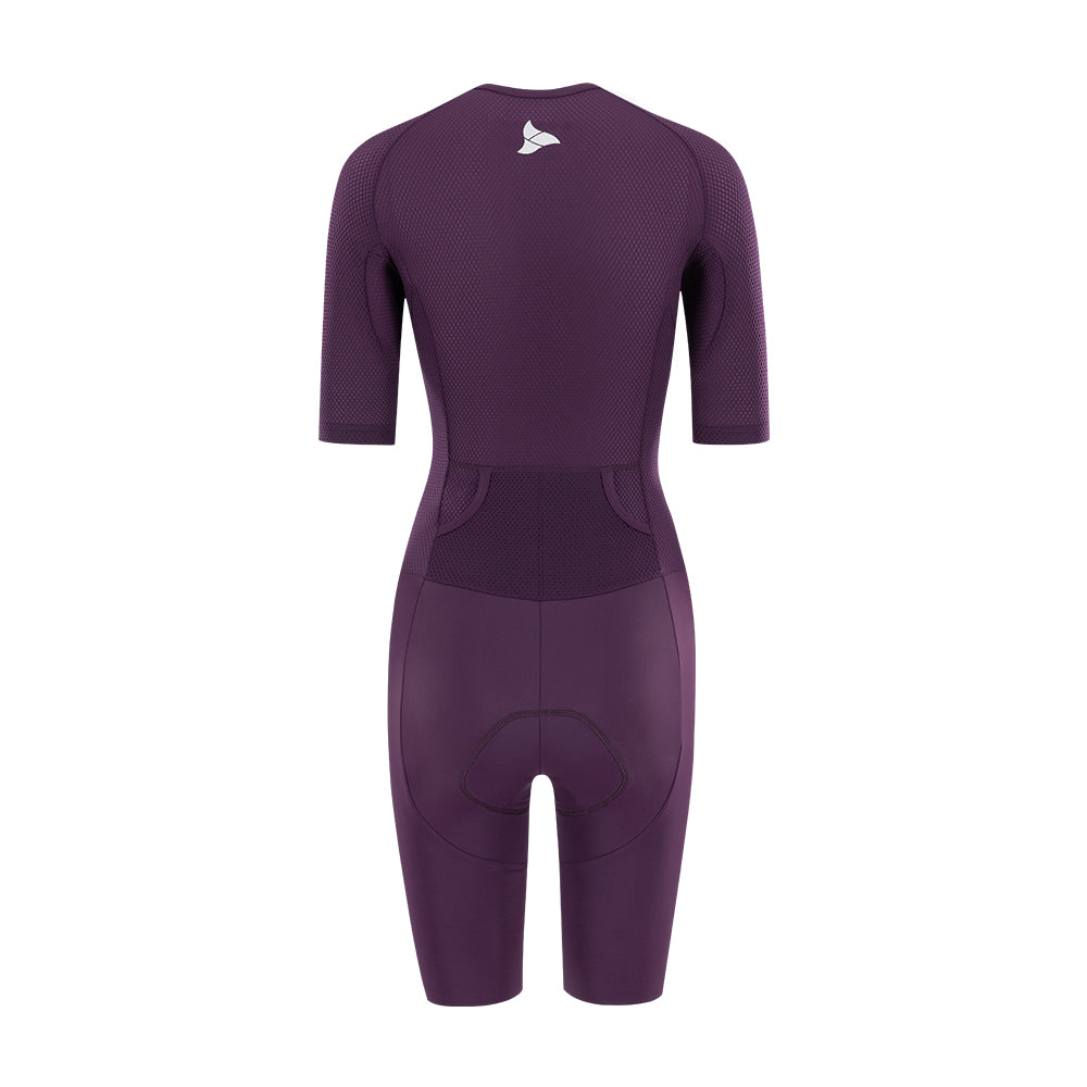 Back view of TRI-FIT VANGUARD tri-suit in plum showing large aerodynamic pockets and shaped rear panel