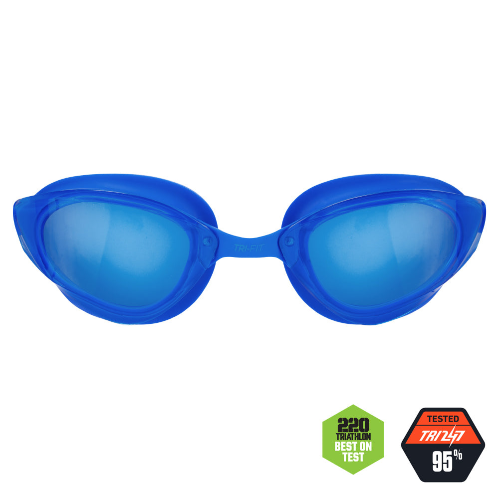 TRI-FIT VOLT Blue swim goggles with Blue frames on a white background, featuring the 'TRI-FIT' logo.