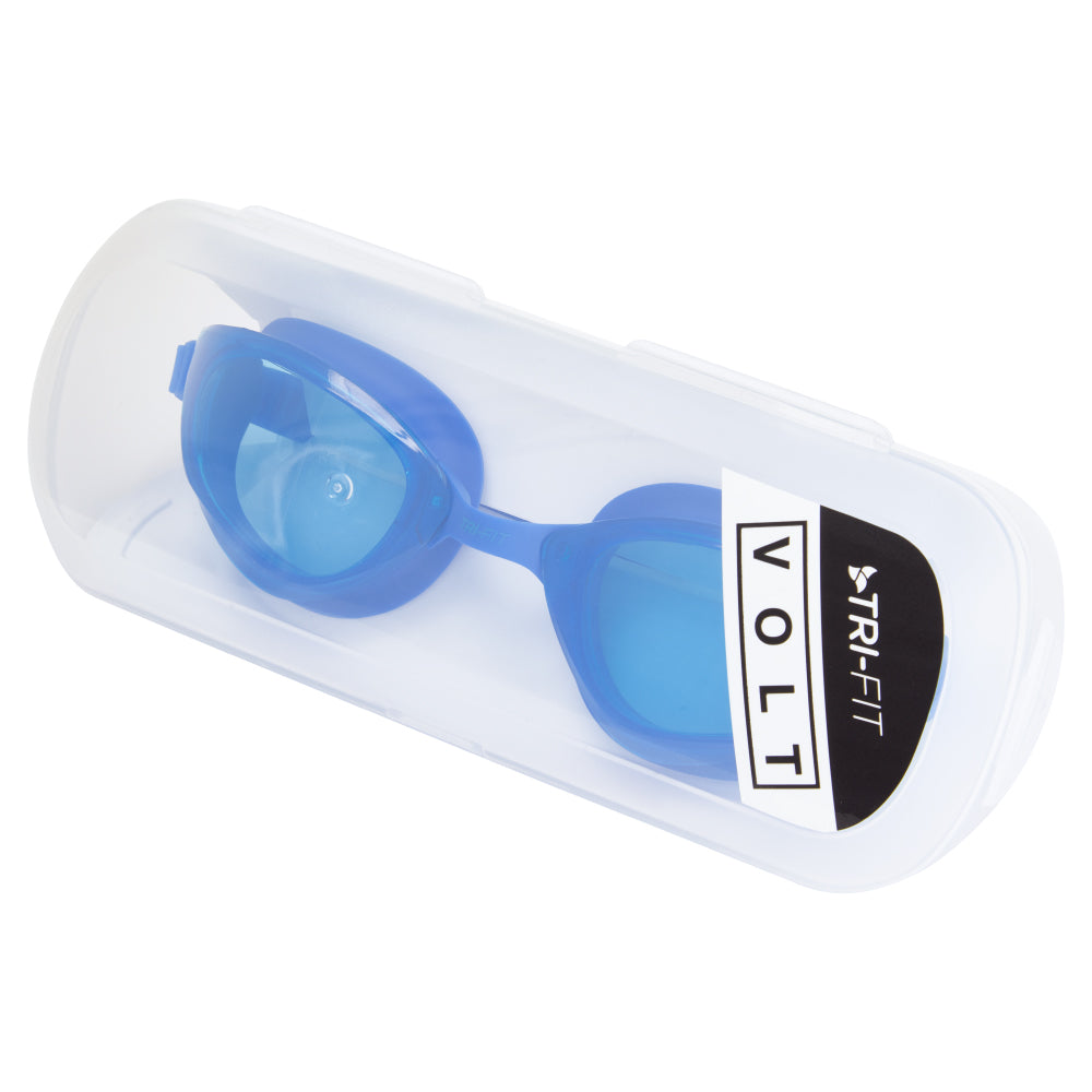 TRI-FIT VOLT Blue swim goggles with blue frames in a hard plastic case on a white background, featuring the 'TRI-FIT' logo.