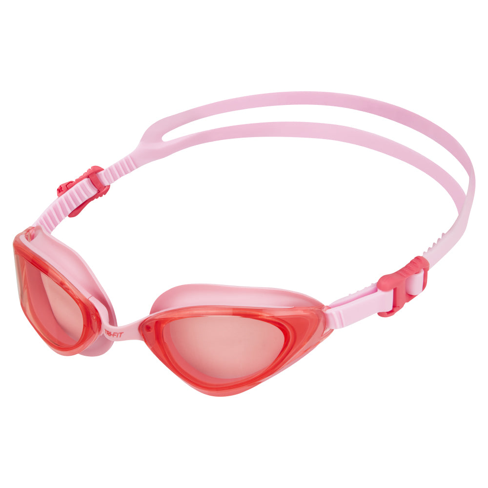 TRI-FIT VOLT Pink swim goggles with pink frames on a white background, featuring the 'TRI-FIT' logo.