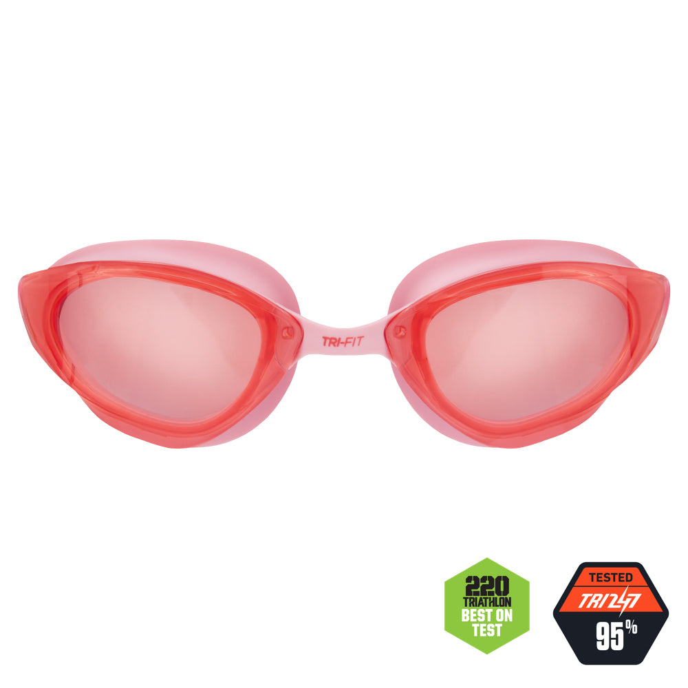 TRI-FIT VOLT Pink swim goggles with pink frames on a white background, featuring the 'TRI-FIT' logo.