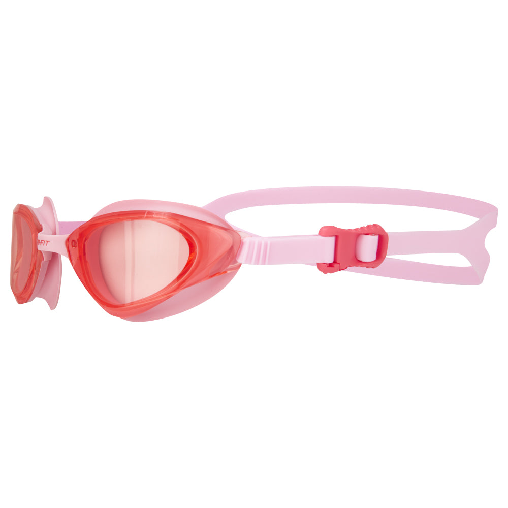 TRI-FIT VOLT Pink swim goggles with pink frames on a white background, featuring the 'TRI-FIT' logo.