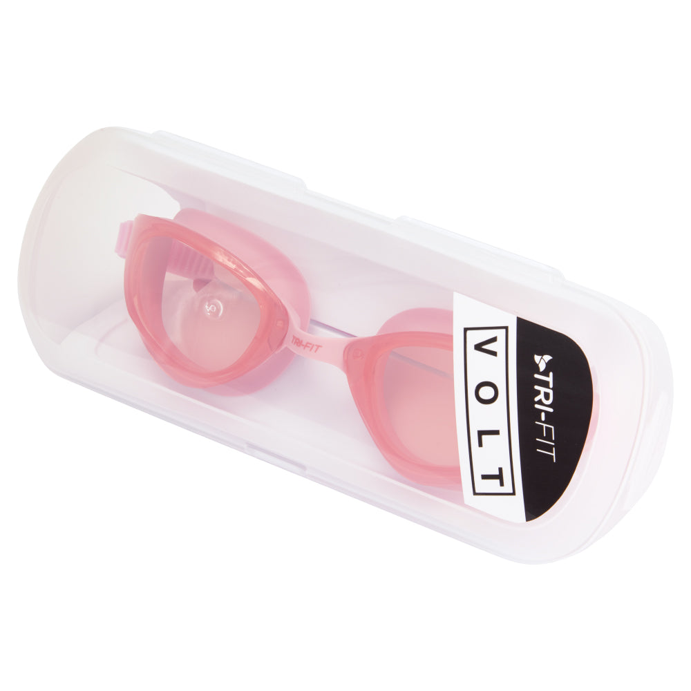 TRI-FIT VOLT Pink swim goggles with pink frames in a hard plastic case on a white background, featuring the 'TRI-FIT' logo.
