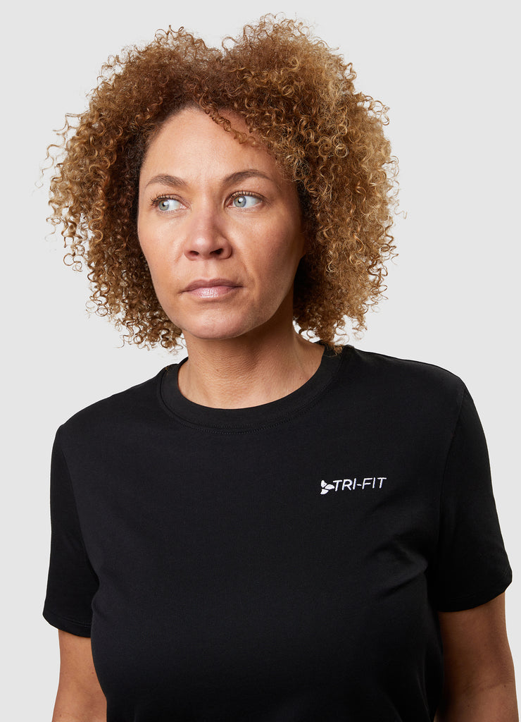 Woman wearing TRI-FIT Casualwear black cotton T-Shirt.