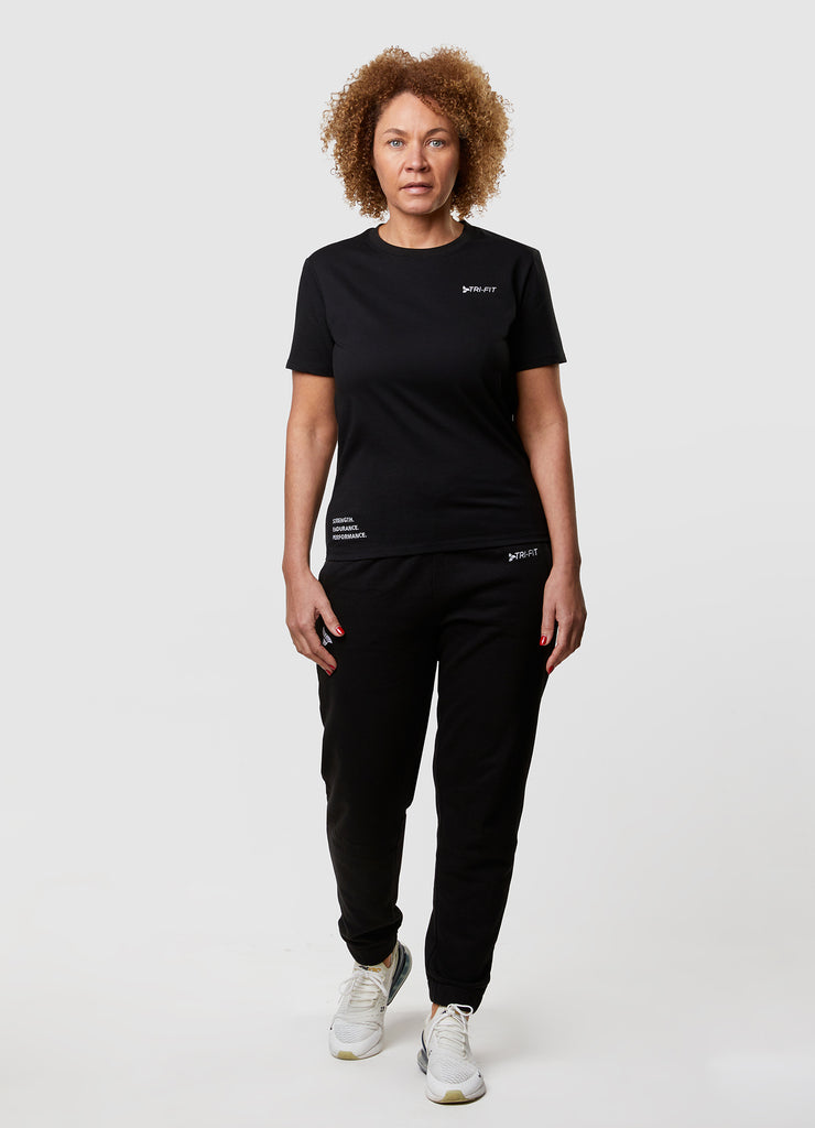 Woman wearing TRI-FIT Casualwear black cotton T-Shirt.