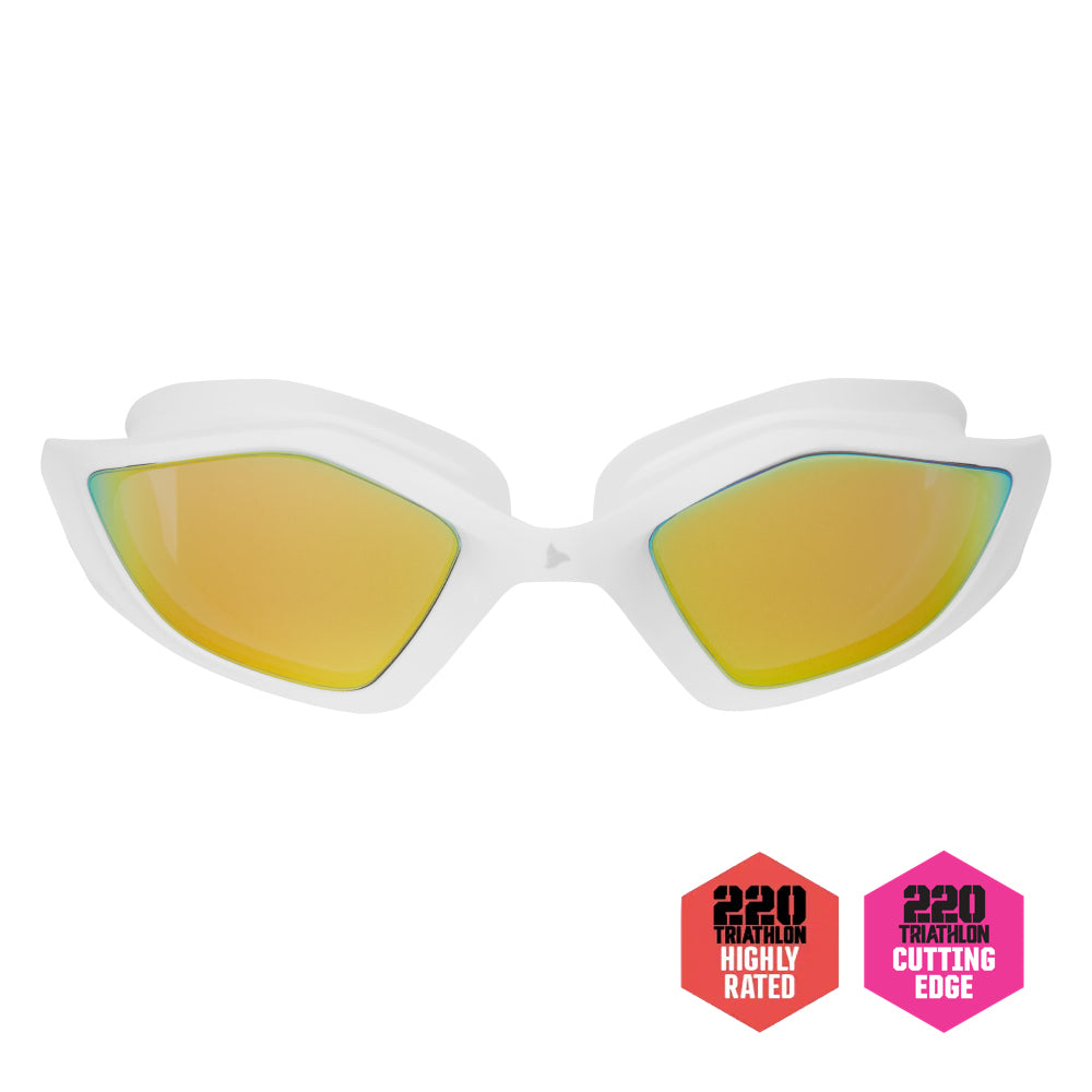 TRI-FIT RAPID-X Swim Goggles in white with gold lens. 220 Triathlon Cutting Edge & Highly Rated Award