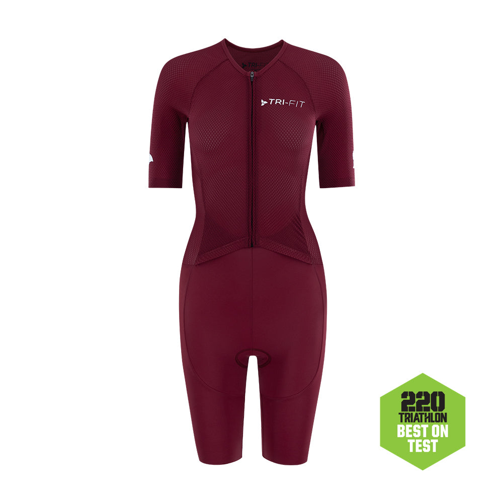 Front view of TRI-FIT VANGUARD tri-suit for women in wine red, featuring breathable upper and race-fit design/ 220 Triathlon Best on Test.
