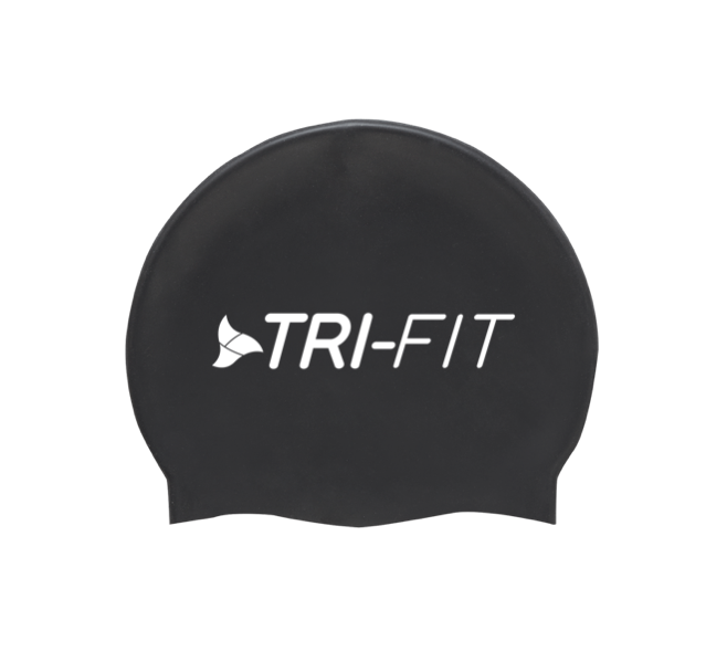 TRI FIT swim cap in black with tri-fit word and logo in white