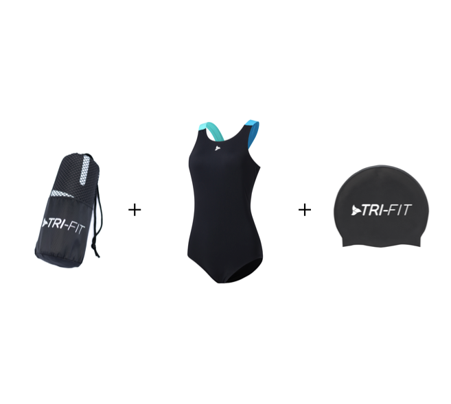 women's rapid triathlon swimwear bundle, showing womens swimsuit, transition towel and black swim cap